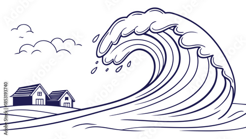 Minimalist vector art: A massive, curving wave rendered in simple shapes, about to crash onto a minimalist coastline with tiny, abstract houses. A serene, yet powerful scene with a dominant blue and w