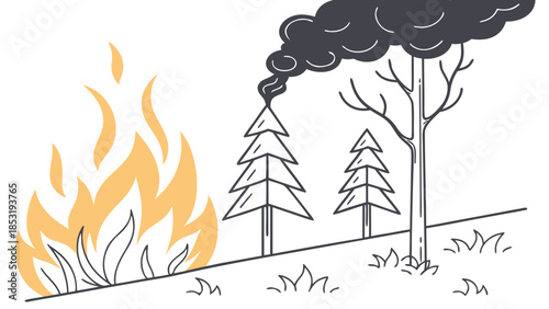 A simple line art illustration showing a forest fire with large flames, a burning pine tree emitting black smoke, and other trees on a sloped landscape.