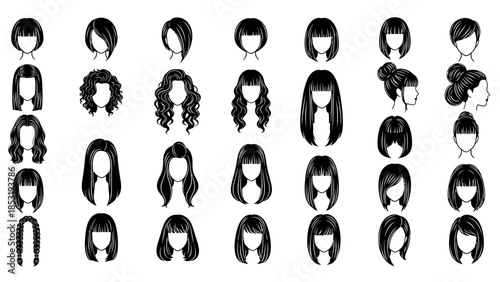 Collection of diverse female hairstyles illustrated in a modern graphic style