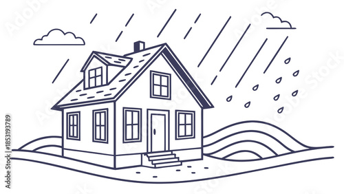 A line drawing illustration of a house experiencing heavy rain and potential flooding.