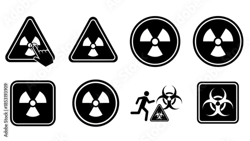 Warning signs for hazardous materials and radiation depicted in various shapes and formats