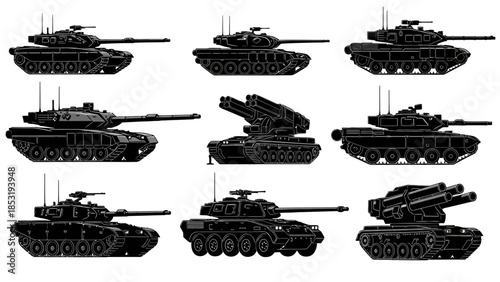 Assorted Military Tanks in Various Positions and Orientations on White Background