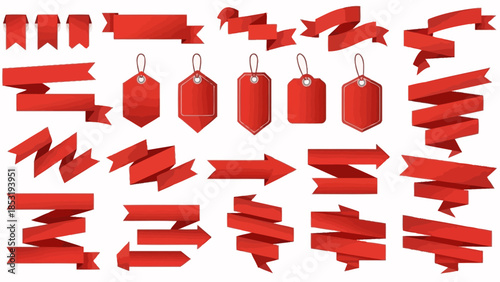 Collection of red banners and tags on a white background