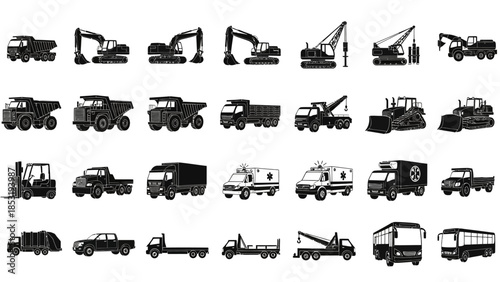 Collection of Heavy Machinery and Vehicles Illustrated in Black Silhouettes Against a White Background