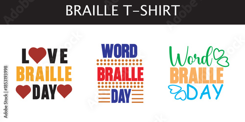 World Braille Day Typography T-Shirt Design Bundle with Hearts and Geometric Patterns