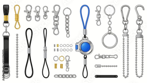 Collection of various keychains and lanyards displayed on a neutral background