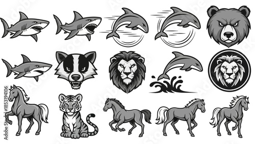 A collection of animal illustrations including mammals and aquatic creatures in various poses and expressions