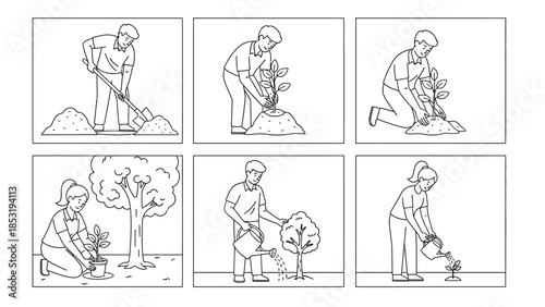 Gardener Tending Plants and Trees in Various Stages of Growth, Illustrated