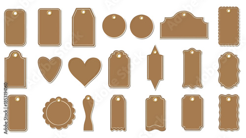 Collection of brown tags and shapes on a white background
