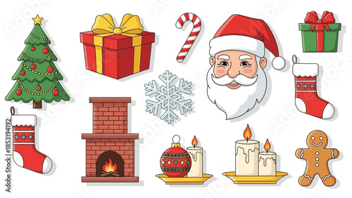 Festive Christmas icons arranged around a fireplace with Santa Claus and decorations