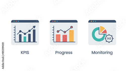 Business dashboard icons in modern flat design with colorful graphs and charts in digital interface for data analysis