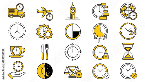 Collection of time management icons on a white background