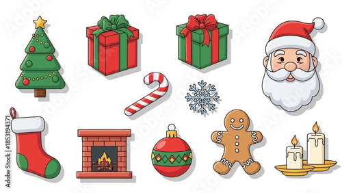 Christmas icons collection featuring Santa Claus, trees, and festive decorations in a white background illustration.