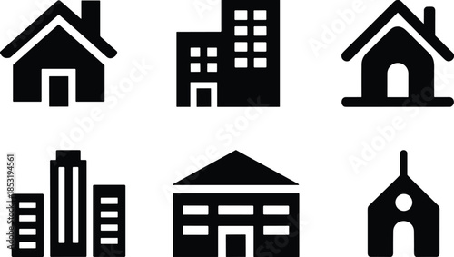 Simple Black Silhouette Building Icons Set on White Background City, and Church Symbols for Real Estate and Urban Design Concepts