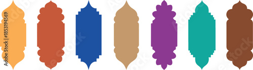 Set of Islamic shape window frame in flat style. Arabic muslim architecture design elements, ramadan frames. Set of islamic shape illustration design blank islamic shape template vector. 