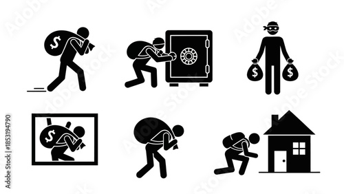 Comprehensive set of stick figure illustrations visually representing various illegal activities such as burglary, home invasion, and theft of valuables, portraying different scenarios of crime