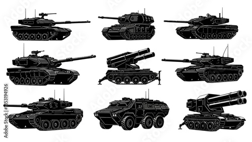 A versatile collection of modern military armored vehicles, including heavy tanks and combat carriers, rendered as detailed vector illustrations for defense and technology concepts