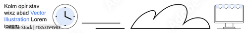 Technology innovation, cloud services, productivity, workflow management, digital networks, remote access. A clock, cloud and monitor in a minimalist style. Productivity and cloud services concept