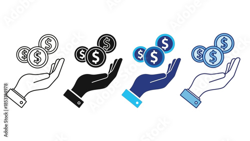 Financial success concept set of hands holding dollar coins. Vector illustration of income growth, investment, wealth accumulation, earning money, and savings
