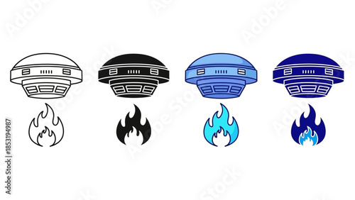 Set of vector illustrations featuring smoke detectors and flame icons, symbolizing modern fire safety and emergency warning systems for residential and commercial building security