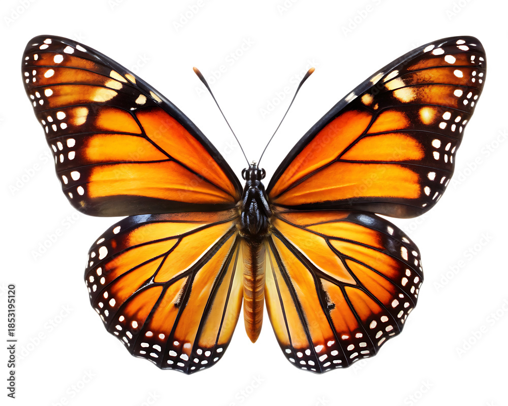 Fototapeta premium Monarch butterfly with orange and white wings isolated on a transparent background 1