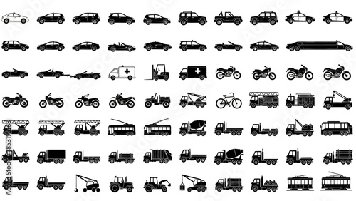 Collection of various vehicle icons in black and white, depicting transportation and vehicles