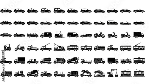 Comprehensive Set of Black Silhouette Transport Vehicle Icons Depicting Diverse Cars, Trucks, Buses, Motorcycles, and Specialty Vehicles for Modern Design Projects