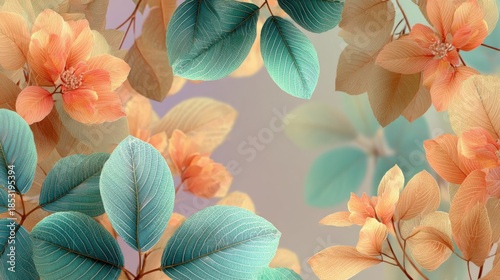 Translucent skeleton leaves in green and orange tones create a decorative border on a soft pastel background for a natural, artistic effect