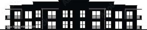 Black and white architectural silhouette of a symmetrical modern two story apartment building residential complex with balconies on white background