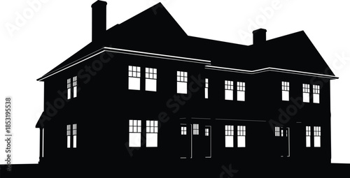 Black and white architectural silhouette of a large two story traditional family house in perspective view isolated on white background
