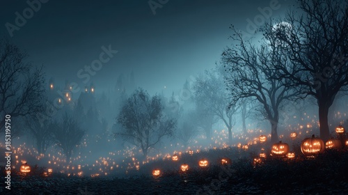 Spooky Halloween night shows glowing jack o lanterns and illuminated street lamps along a foggy brick road in a town