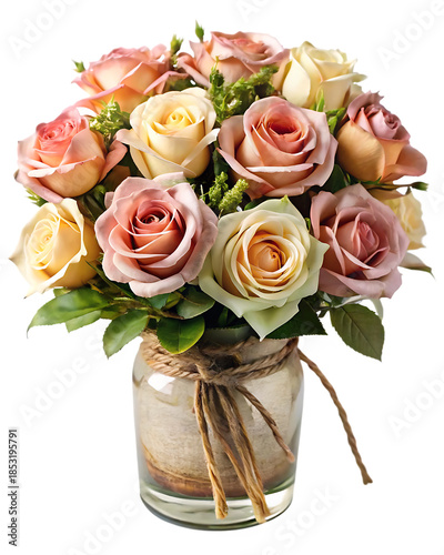 Pastel roses in rustic vase isolated on white background png isolated on a transparent background
