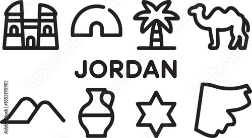 Jordan travel and heritage icons set with petra ruins camel palm tree desert and map outline