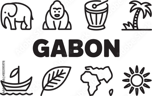 Gabon national symbols collection with forest elephant gorilla traditional drum and map outline