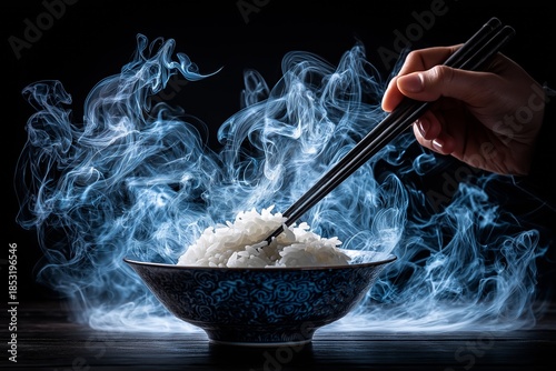 Steaming Rice in Ornate Bowl