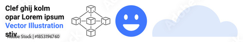 Blockchain, cloud storage, digital communication, data sharing, networking, internet connectivity. a blockchain diagram, a blue happy face and a cloud shape. Blockchain and cloud storage concepts