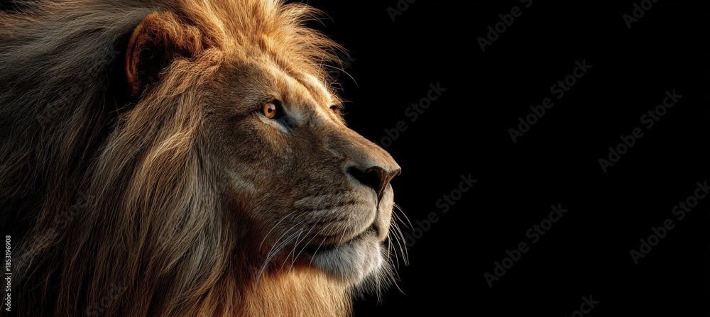 Naklejka premium Cinematic Side View of Lion with Golden Mane in Studio Setting