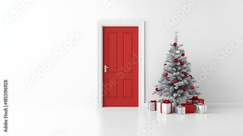 A bright red closed door stands next to a decorated Christmas tree with silver ornaments and gifts creating a festive holiday scene in a minimalist white room perfect for seasonal promotions and winte
