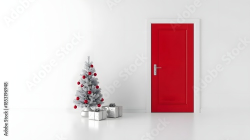 Festive silver Christmas tree adorned with red ornaments and wrapped gift boxes standing beside a vibrant red door in a minimalist white room symbolizing holiday greetings and seasonal celebrations