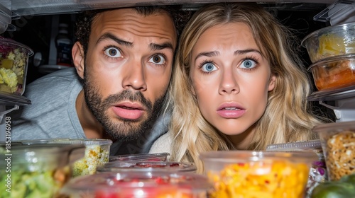 Surprised Couple Peering into Fridge