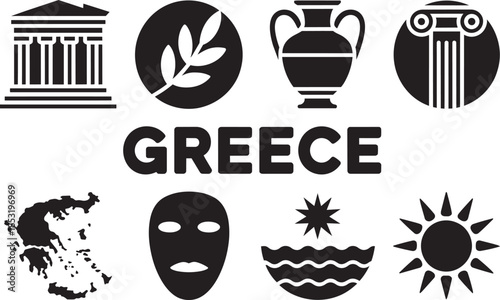 Greece ancient landmarks and cultural icons set with parthenon temple and antique amphora jar