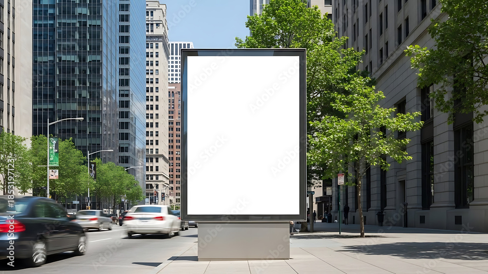 Blank advertising billboard mockup on a bustling city street sidewalk, offering prime outdoor display space for your brand's promotional message or commercial content in an urban setting