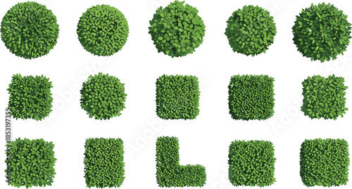Top view green hedge bushes set with round square shapes for garden landscaping park design vector illustration isolated editable collection