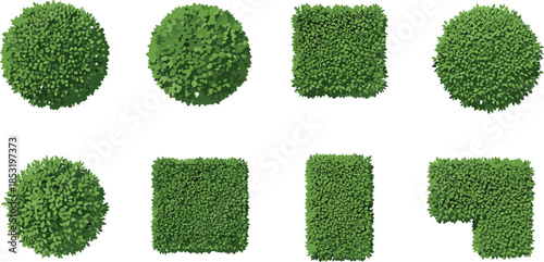 Top view green hedge bushes collection with round square shapes for garden landscaping park design vector illustration isolated editable set