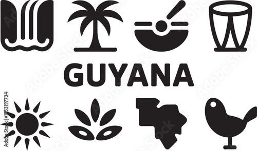 Guyana cultural and heritage icons featuring waterfall palm tree boat sun map