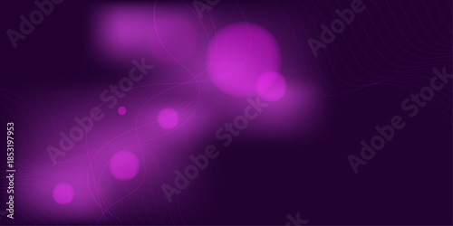 Abstract dark purple background with glowing magenta bokeh circles and elegant flowing wavy lines, featuring a modern vibrant aesthetic for creative digital banners and tech posters.