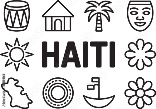 Haiti culture line icon collection featuring travel destination symbols and national elements