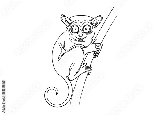 Adorable lemur climbing on branch in simple line art with white background for childrens book illustration