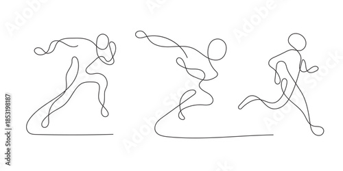 Continuous one line drawing of runners in motion, minimalist silhouette of athletes sprinting isolated on white background for sports and fitness concepts.