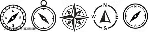 Set of diverse compass rose and navigational symbols vector illustrations. Black and white line art icons for direction, travel, exploration, and maritime design